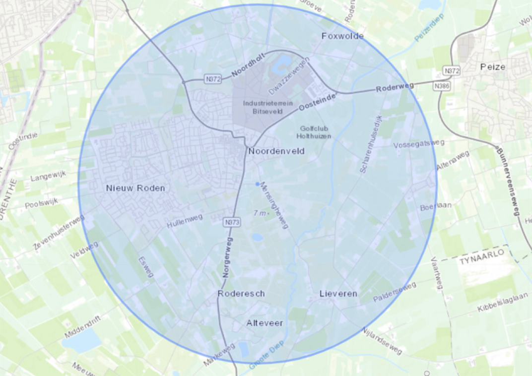 Kaart Roden met straal van 3km van perceel Windgat