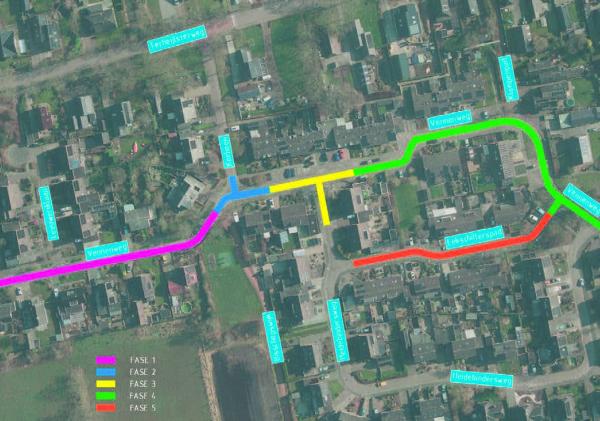 Op de kaart is aangegeven in welke fasering de Vennenweg en Eekschillerspad Nieuw-Roden aangepakt worden voor bestratingsonderhoud van 17 april tot 7 juli.
