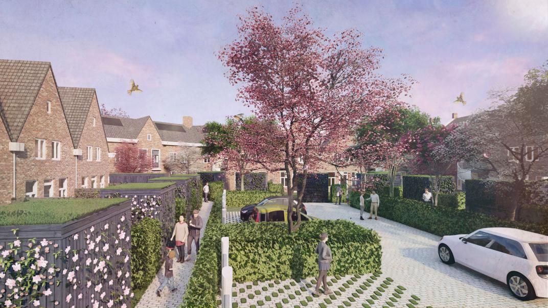 Afbeelding woningen met beeldbepalende hoeken met fijne zitplekken en prachtige bomen voor het dorp. Een aantrekkelijke plek, waar men kan samenkomen en ontmoeten