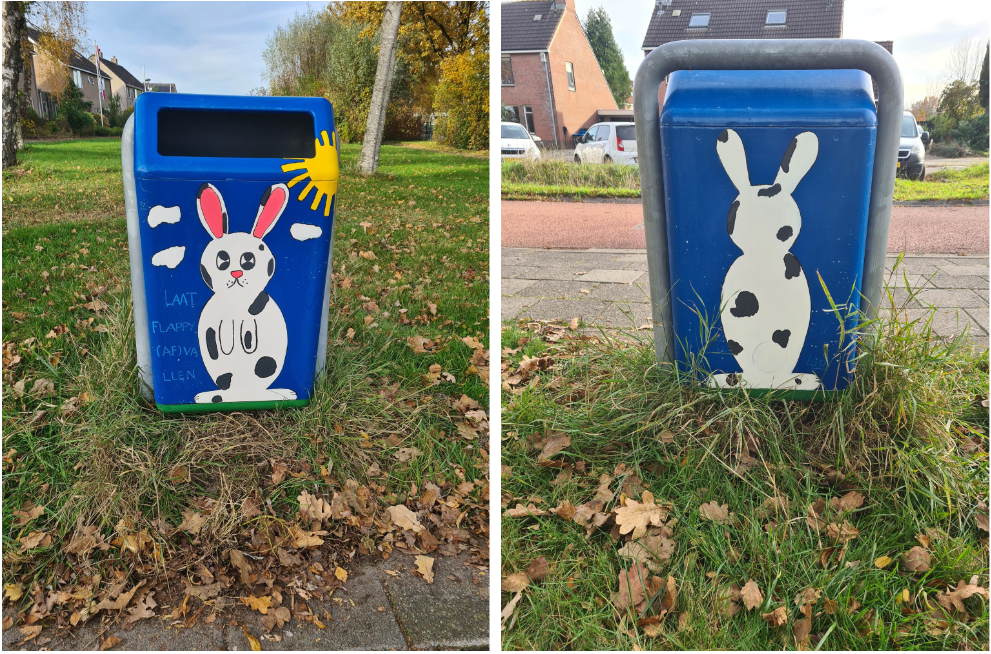 Een tekening van een gevlekt konijn staat op een blauwe prullenbak